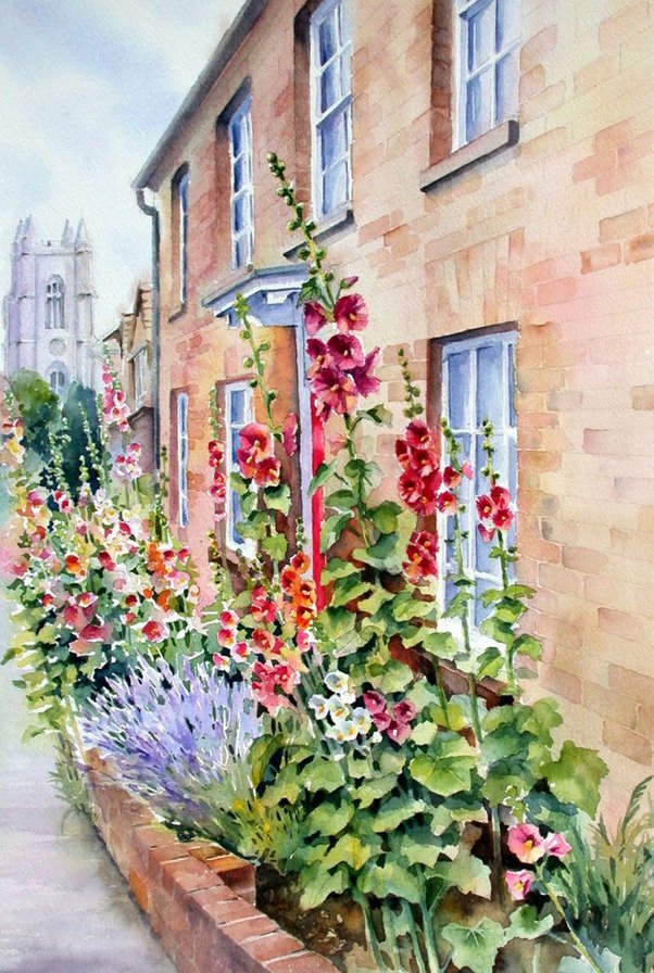 Улочка - дом, цветы, мальвы, улица - оригинал