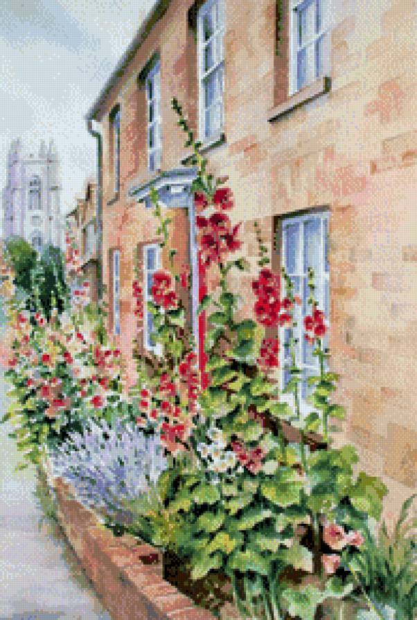 Улочка - дом, улица, цветы, мальвы - предпросмотр