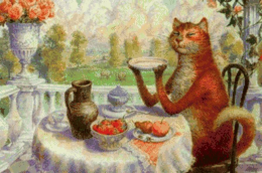 Чаепитие - природа, кот, чай - предпросмотр