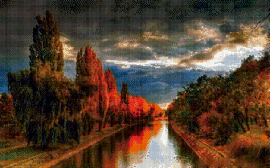 Осенний закат - облака, деревья, небо, осень, река - предпросмотр