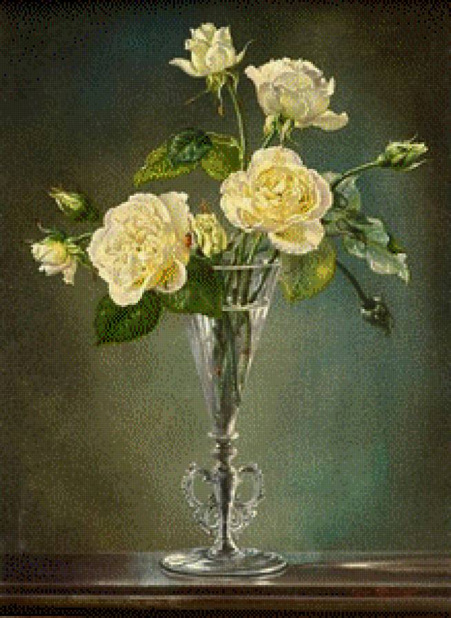 Розы в хрустальной вазе - роза, букет, цветы - предпросмотр