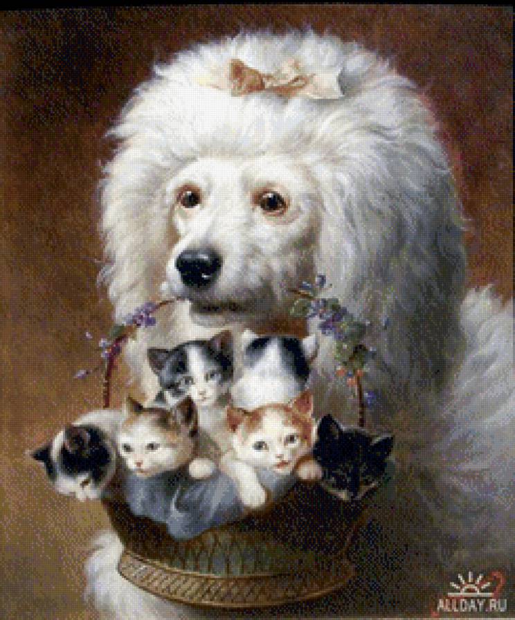 Нянька для котят - корзина, котята, собака, забота - предпросмотр