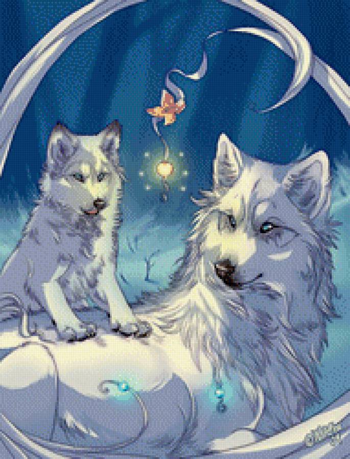 волки - животные, зима, северное сияние, волчица, волк, север - предпросмотр