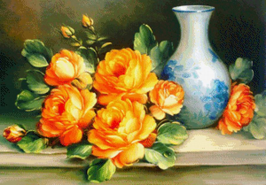 Натюрморт - розы, ваза, роза, цветок, букет, цветы - предпросмотр