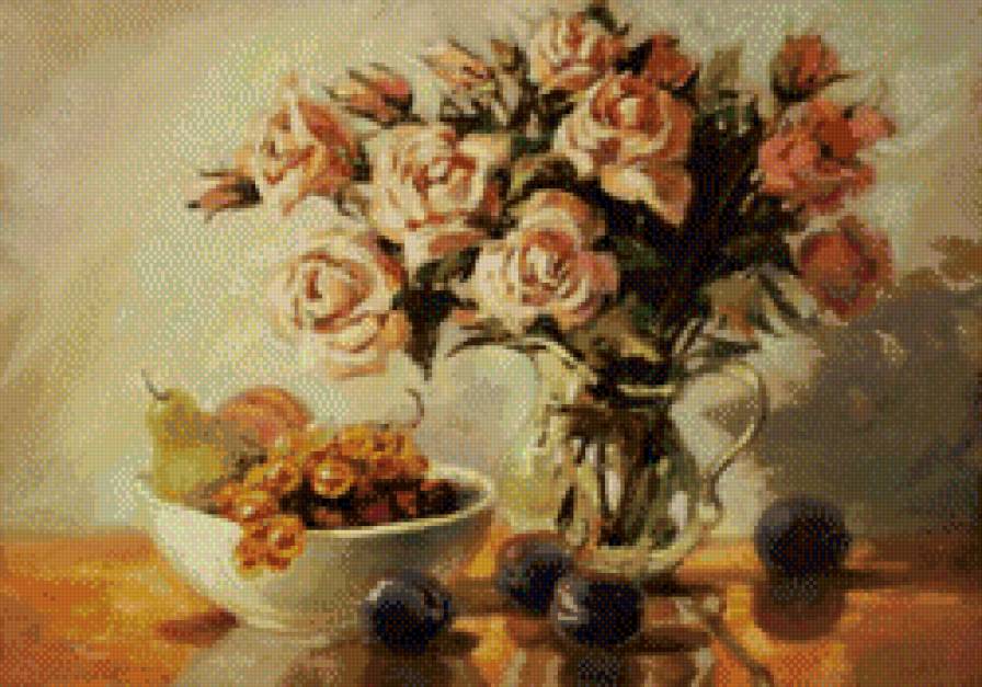 Натюрморт - натюрморт, цветы, фрукты - предпросмотр