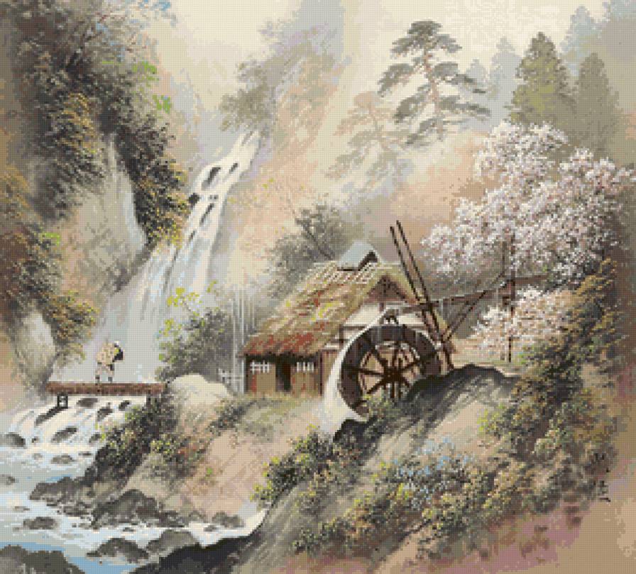 Горная мельница - восточная живопись - предпросмотр