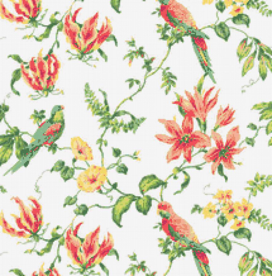 Подушка "Цветы и птицы" - цветы, птицы, подушка, панно - предпросмотр