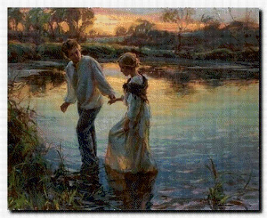 Прогулка - любовь, прогулка, мужчина, закат, двое, река, женщина - предпросмотр