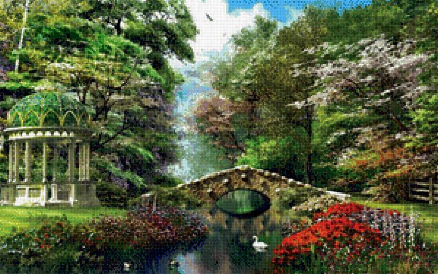 Мостик в лесу - цветы, мост, лес, беседка, птицы - предпросмотр