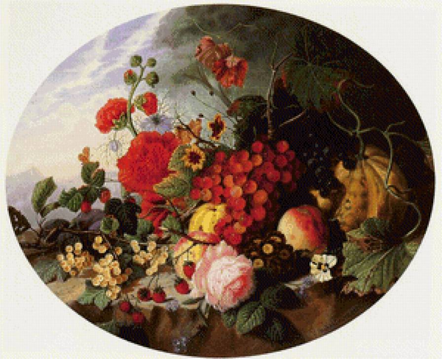 Натюрморт - натюрморт, цветы, фрукты - предпросмотр