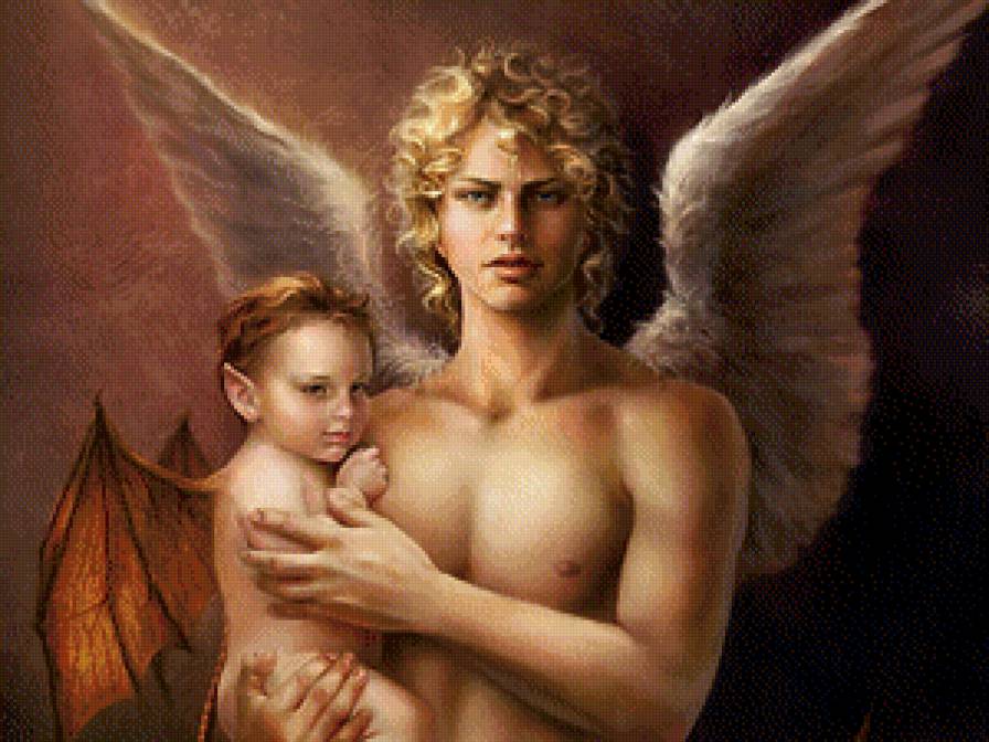 ангел - мужчина, ангел, ребенок, фэнтези, крылья - предпросмотр