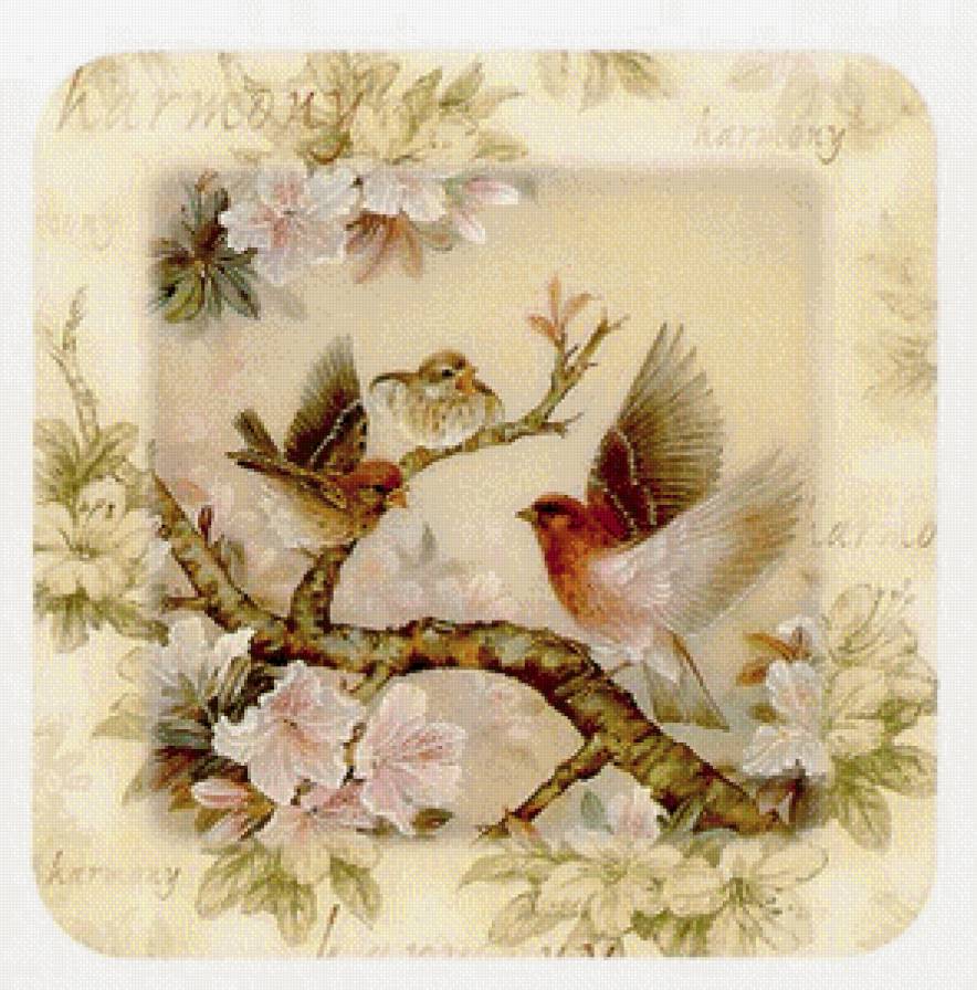 панно с птицами - птицы, нежность, панно, подушка, цветы - предпросмотр