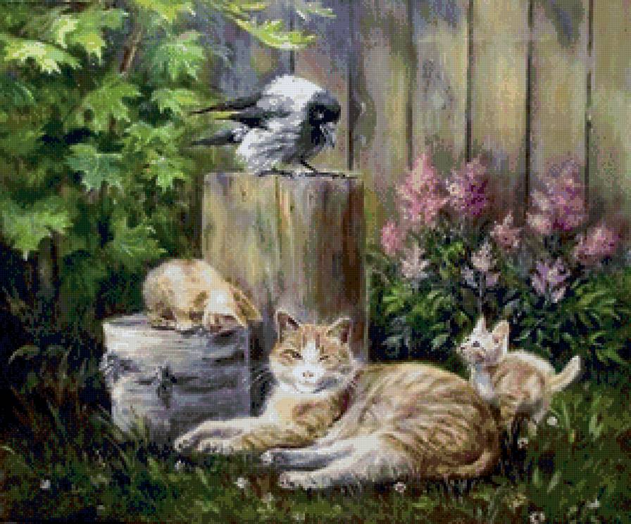 Компания - котята, животные, природа, кошка, птица - предпросмотр