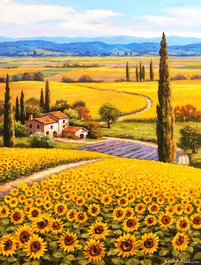 солнечный пейзаж - цветы, пейзаж, картина - оригинал