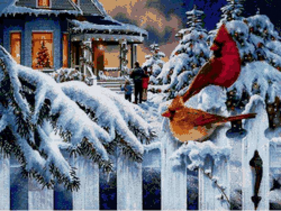 рождественский вечер - пано, снег, птицы, рождество - предпросмотр