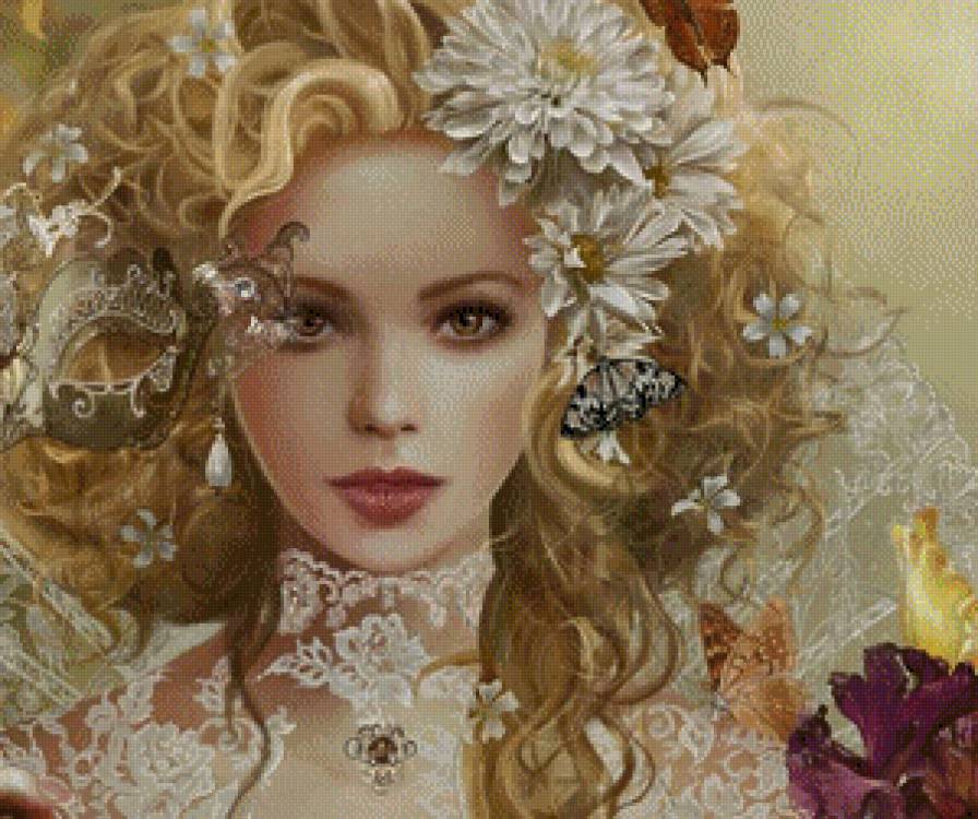 Девушка-загадка - девушка, красота женщины, бабочки, фантазия, маска - предпросмотр
