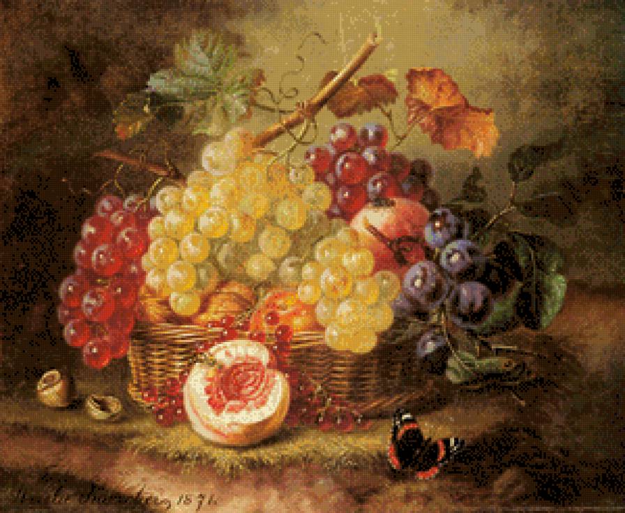 Корзина с фруктами - натюрморт, виноград, корзина, стол, фрукты - предпросмотр