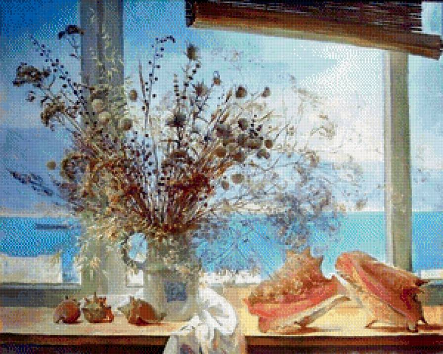 Вид из окна - море, окно, ракушки, цветы, природа - предпросмотр