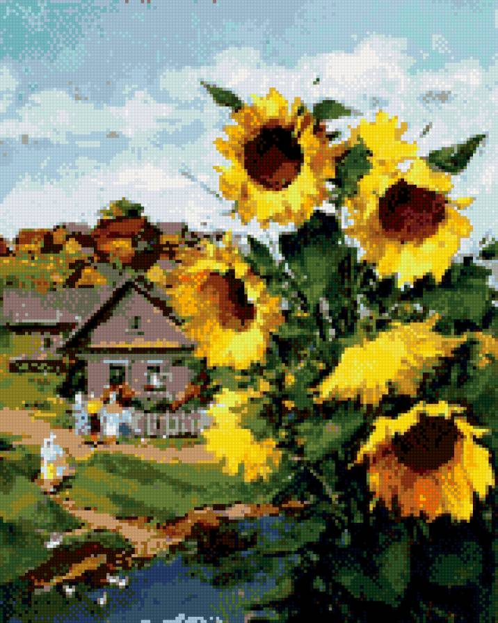 домик в деревне - речка, живопись, огород, подсолнухи, домик - предпросмотр