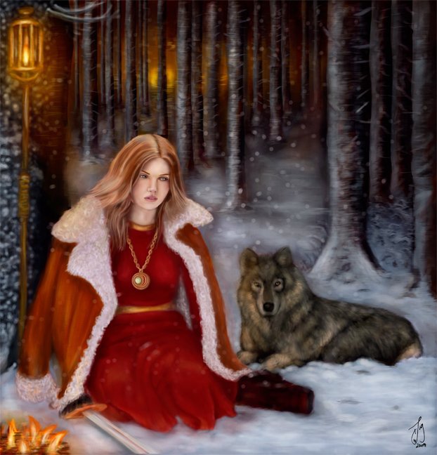 У костра - лес, природа, волк, девушка, зима, фонарь - оригинал