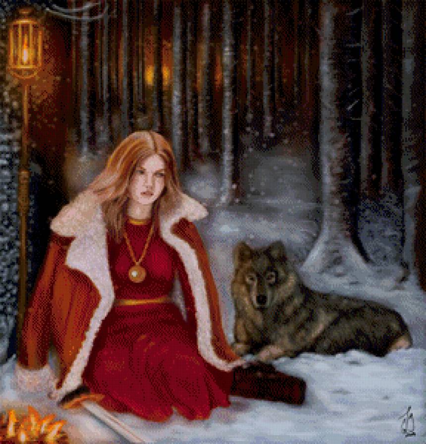 У костра - волк, фонарь, лес, зима, девушка, природа - предпросмотр