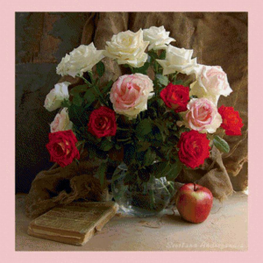 Натюрморт с розами - книга, натюрморт, розы, картина, букет - предпросмотр