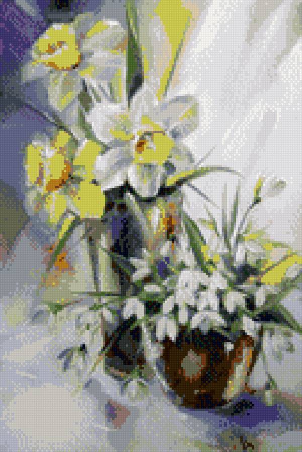 цветы в вазе - нарциссы, картина, подснежники - предпросмотр