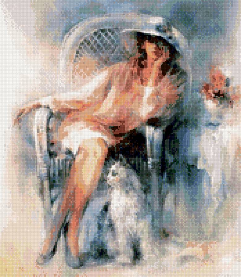 свободная минутка - кот, картина, живопись, дама, отдых - предпросмотр