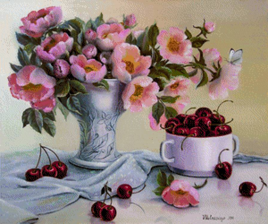 Цветы с черешней - цветы, ягоды, натюрморт, черешня - предпросмотр