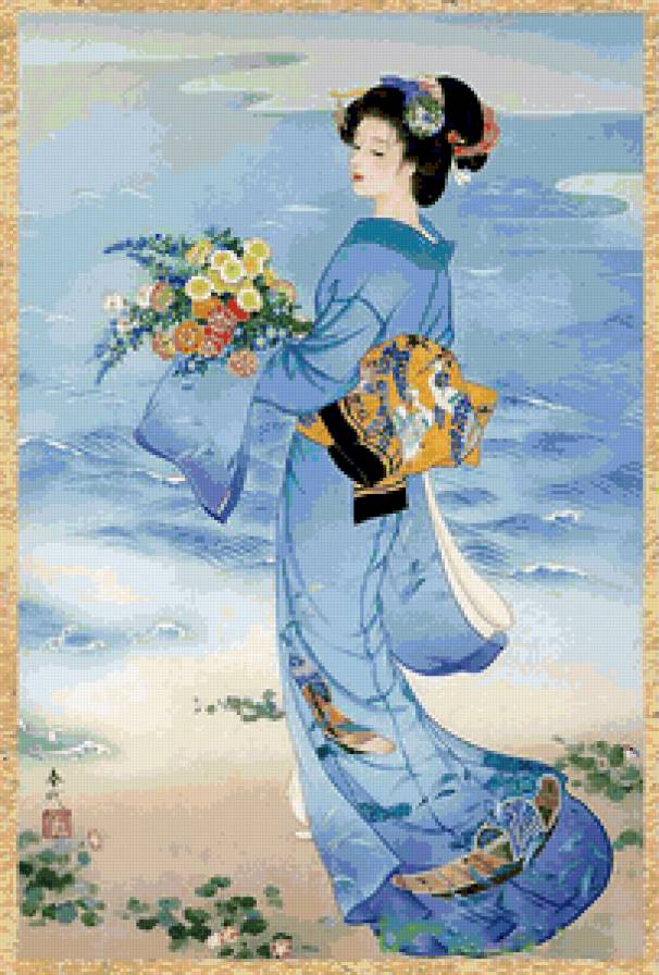 японка - девушка, море, живопись - предпросмотр