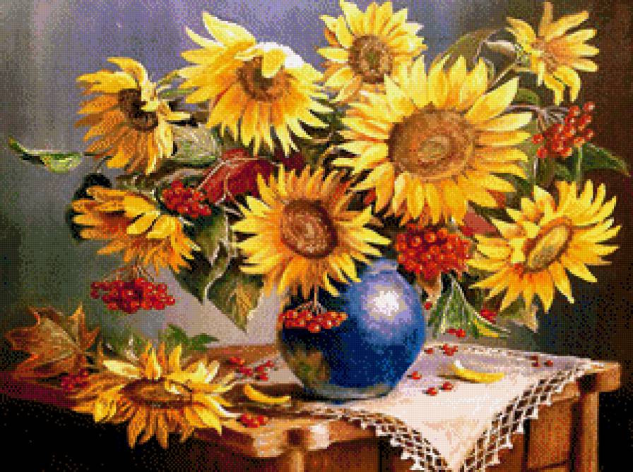 Подсолнухи - цветы, рябина, подсолнух, цветок, букет - предпросмотр