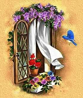 пано с окном - цветы, природа, пано, птицы - оригинал