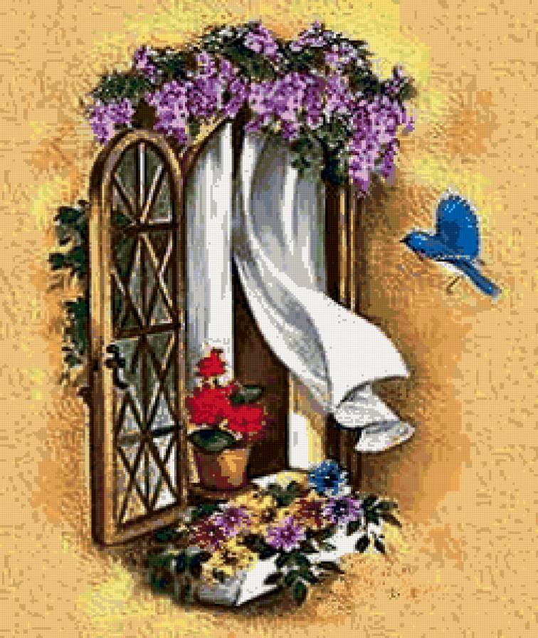 пано с окном - природа, пано, птицы, цветы - предпросмотр