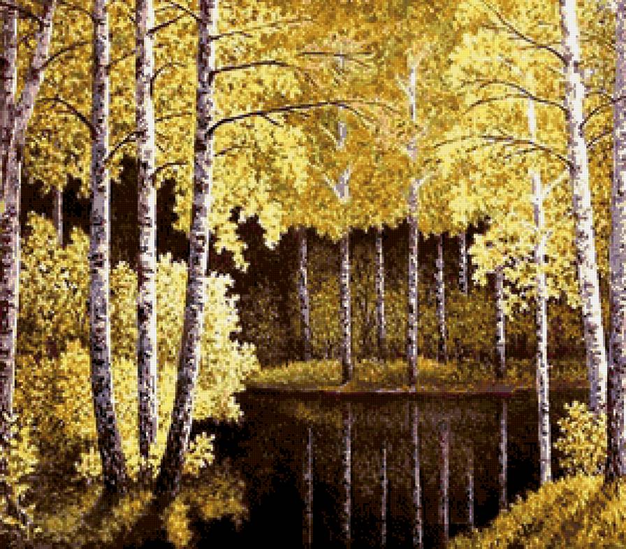 березки у воды - пейзаж, осень, березы, озеро, лес - предпросмотр