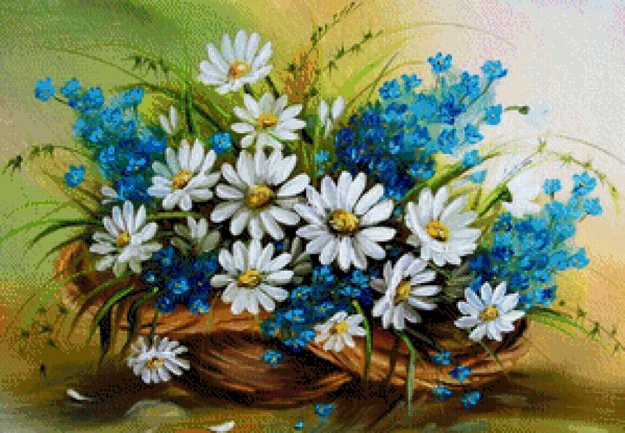 Летнее настроение - цветы, цветок, букет, шляпа, незабудки, колокольчики, ромашка, ромашки - предпросмотр