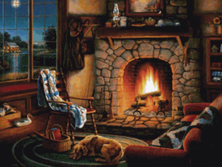 У камина - огонь, камин, собака - предпросмотр