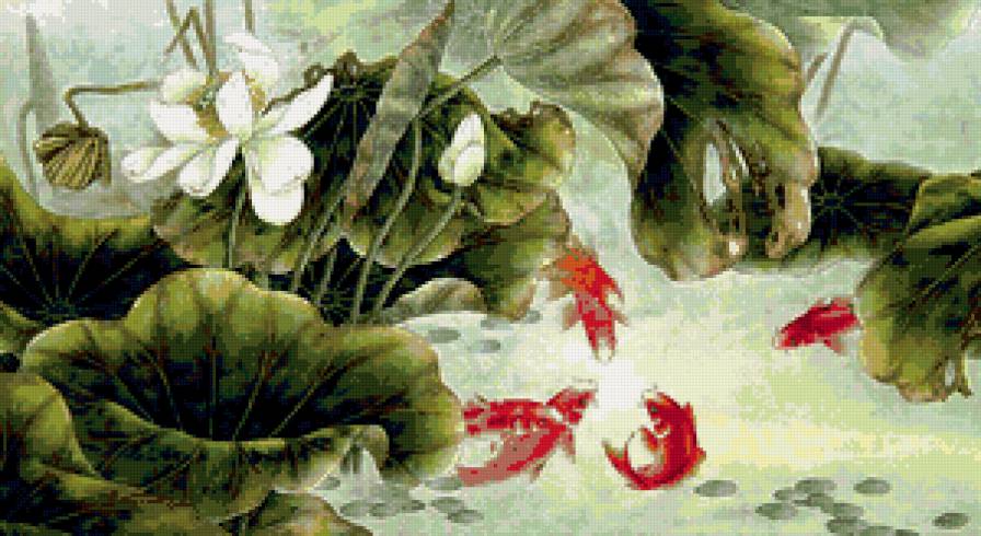 пано с лотосами и рыбами - пано, рыбы, цветы, лотосы - предпросмотр