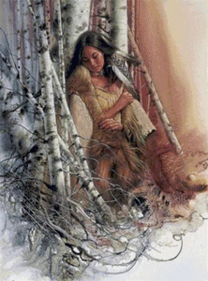 в берёзовой роще - природа, живопись, женщина, индеанка, березы, девушка, роща - предпросмотр