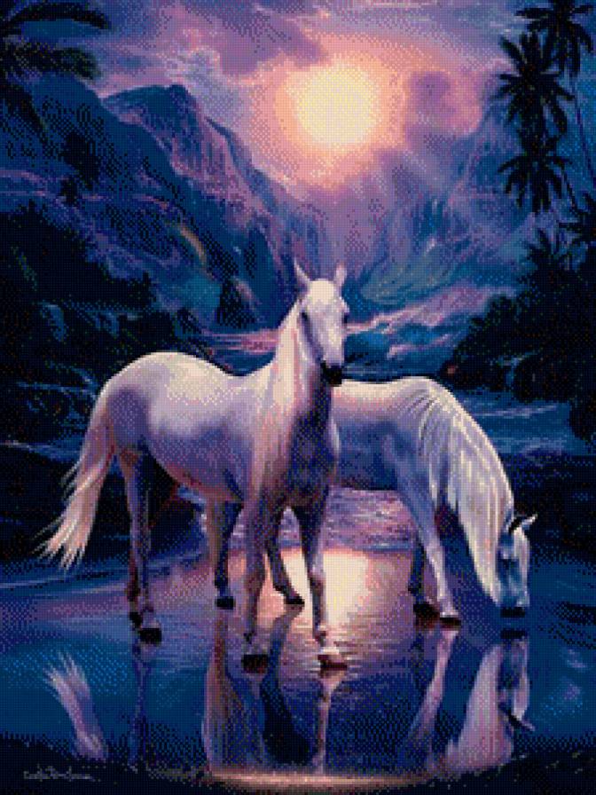 На закате - кони, пара, красивые, на закате, лошади - предпросмотр