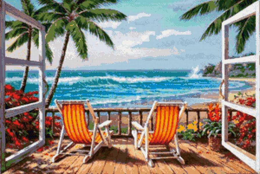 вид из окна - море, цветы, пейзаж - предпросмотр