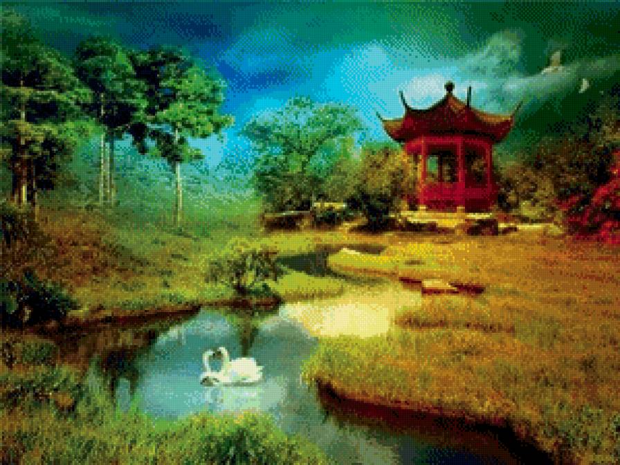 японский сад с лебедями - домик, осень, япония, пейзаж, природа, лебеди, пруд - предпросмотр