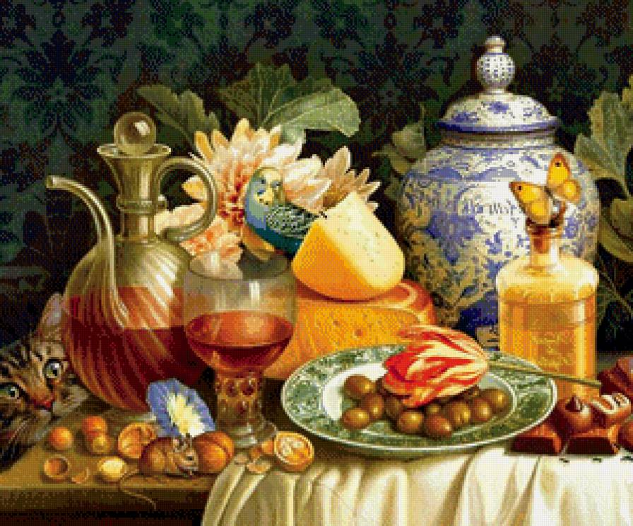 Натюрморт с животными - на кухню, фрукты, мышка, кот, кошка, бабочка, насекомые, животные - предпросмотр