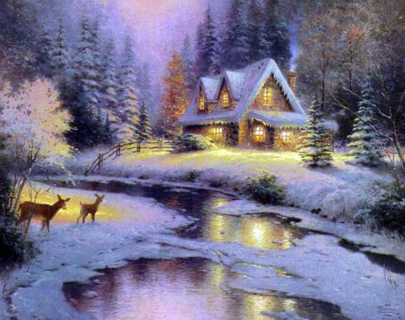 Рождество. - зима, рождество, снег, домик, олени, лес, река - оригинал