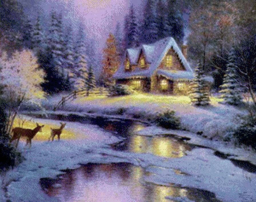 Рождество. - река, снег, рождество, лес, домик, олени, зима - предпросмотр