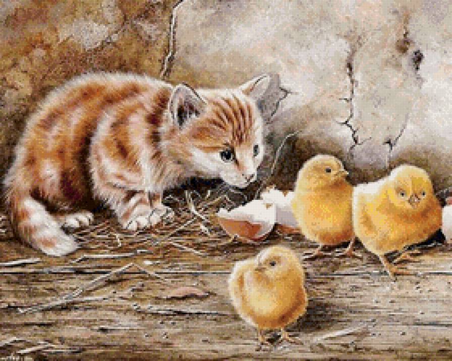 Котенок с цыплятами - птицы, котенок, животные, природа, цыплята, деревня - предпросмотр