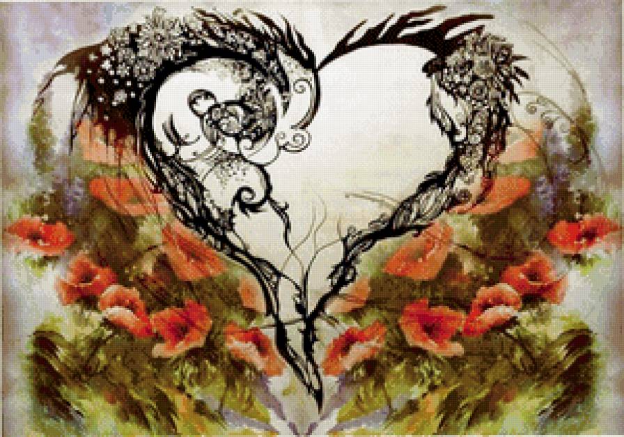 абстракция с маками и сердцем - цветы, абстракция, сердце, любовь, маки - предпросмотр