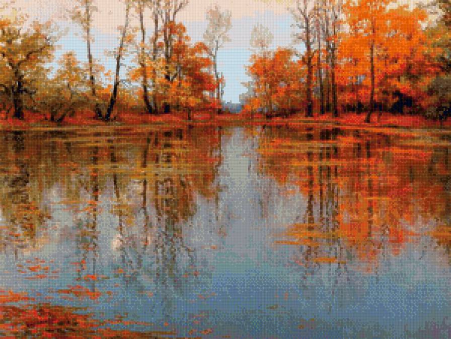 Осень - врда, листва, осень, деревья, озеро - предпросмотр