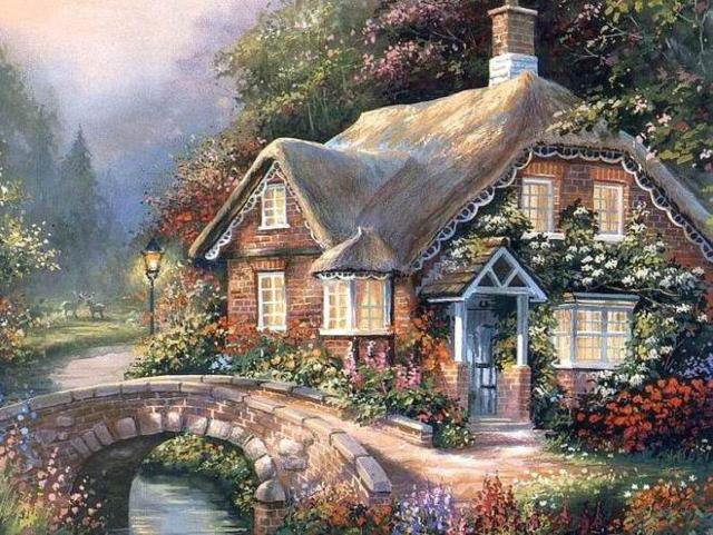 дом у реки - мост, река, дом - оригинал