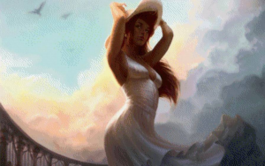 Летний бриз - девушка, лето, небо, ветер, мост, птицы, платье, шляпа, облака - предпросмотр