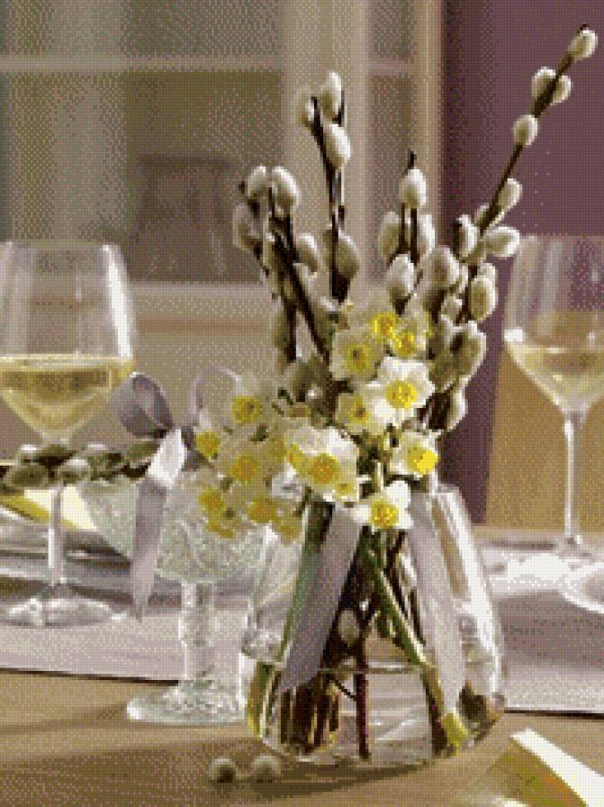весенний букет в вазе - букет, нарциссы, веточки, фужеры, компазиция - предпросмотр